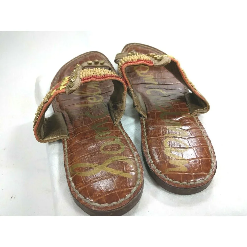 SAM EDELMAN Gideon Beaded Toe Ring Sandals Size US 7.5 M Natural Multi Red Gold